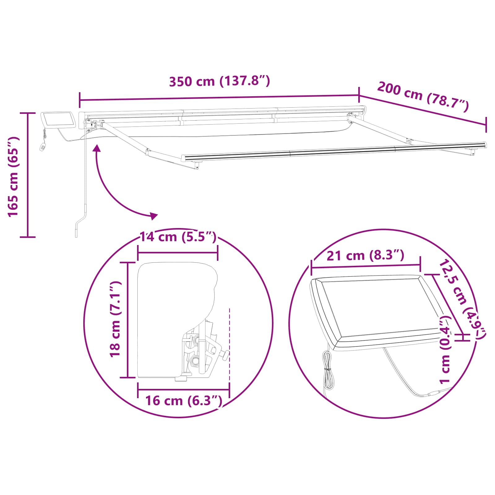 Handmatige Luifelhouder met LED's Beige 3,5 x 2 m