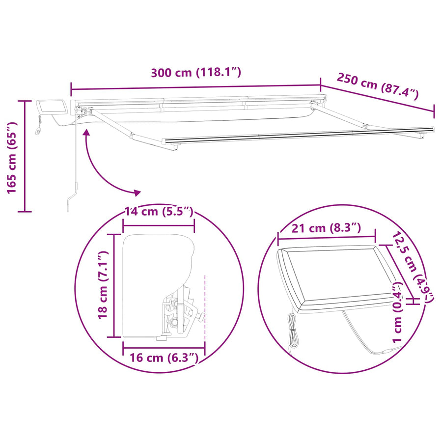 Handmatige Luifelhouder met LED's Wit 3 x 2,5 m
