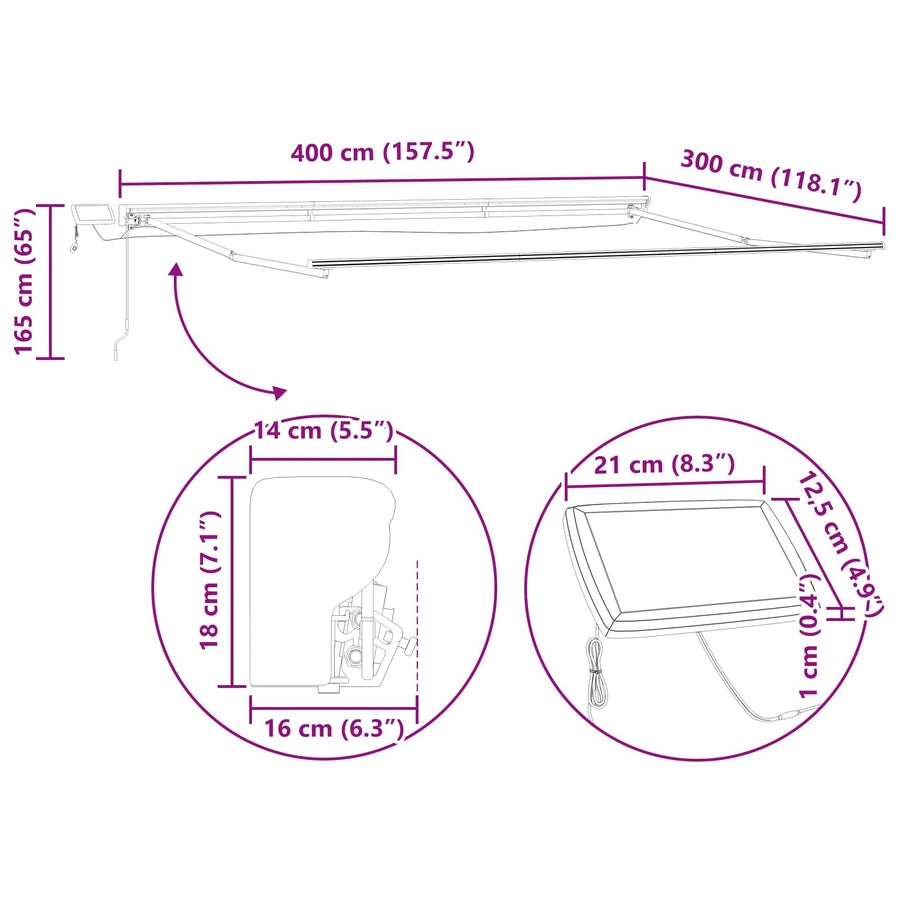 Handmatige Luifelhouder met LED's Oranje en Zwart 4 × 3 m
