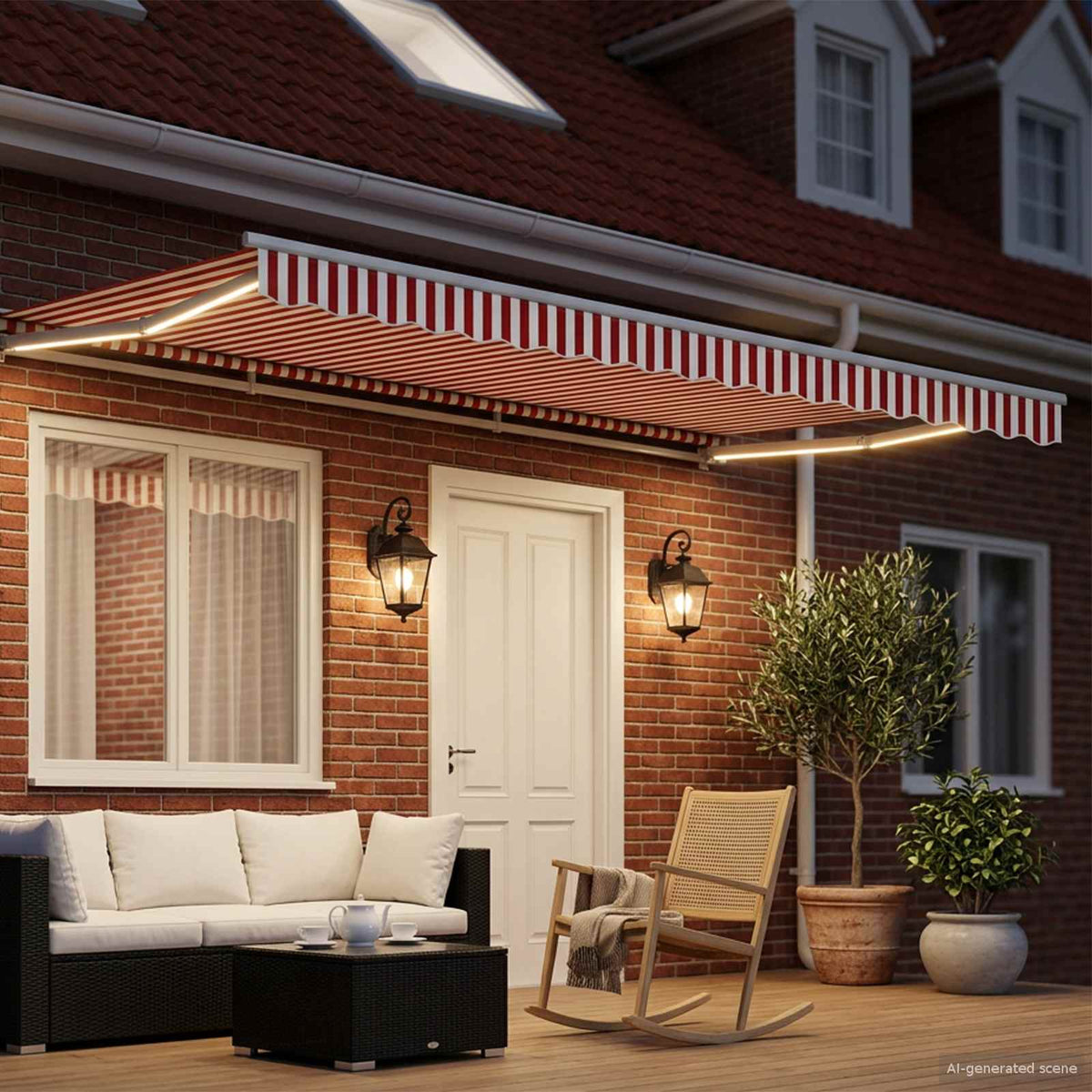 Handmatige Luifelhouder met LED's Rood en Wit 4 × 3 m
