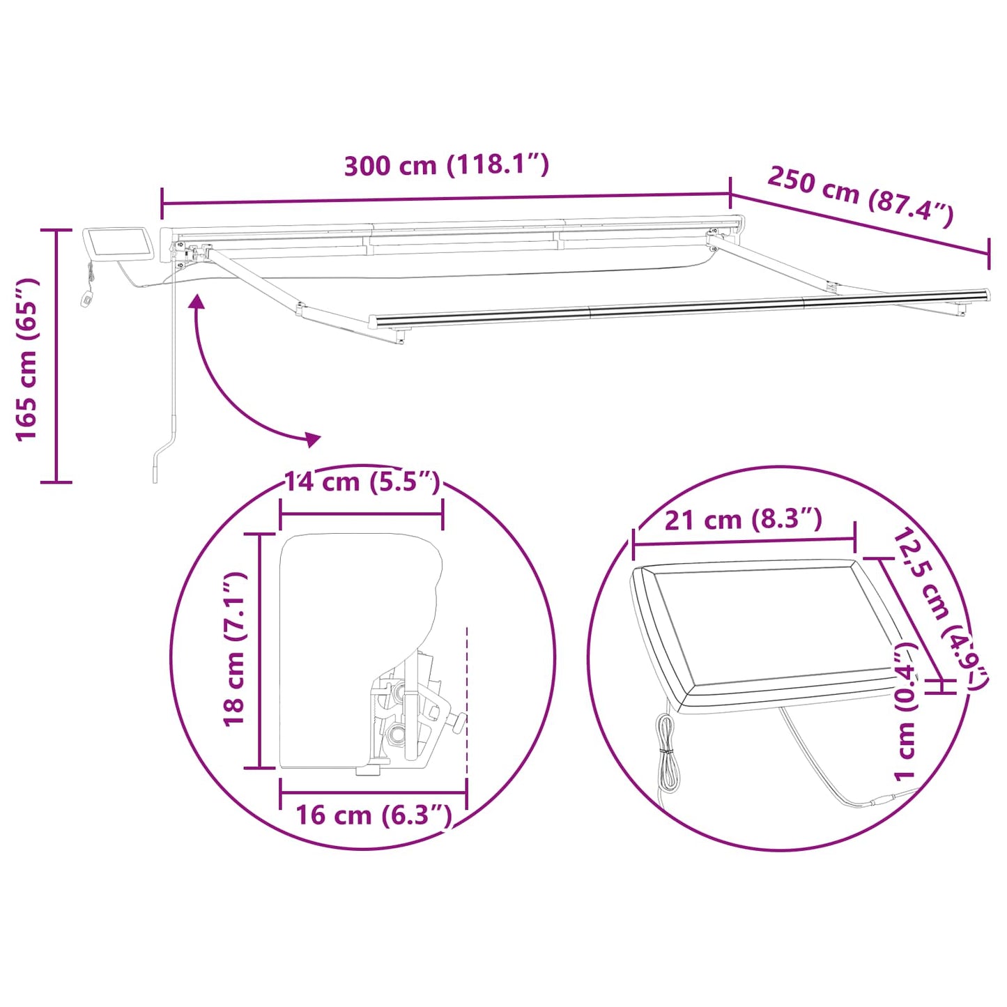 Handmatige Luifelhouder met LED's Geel en Grijs 3 x 2,5 m
