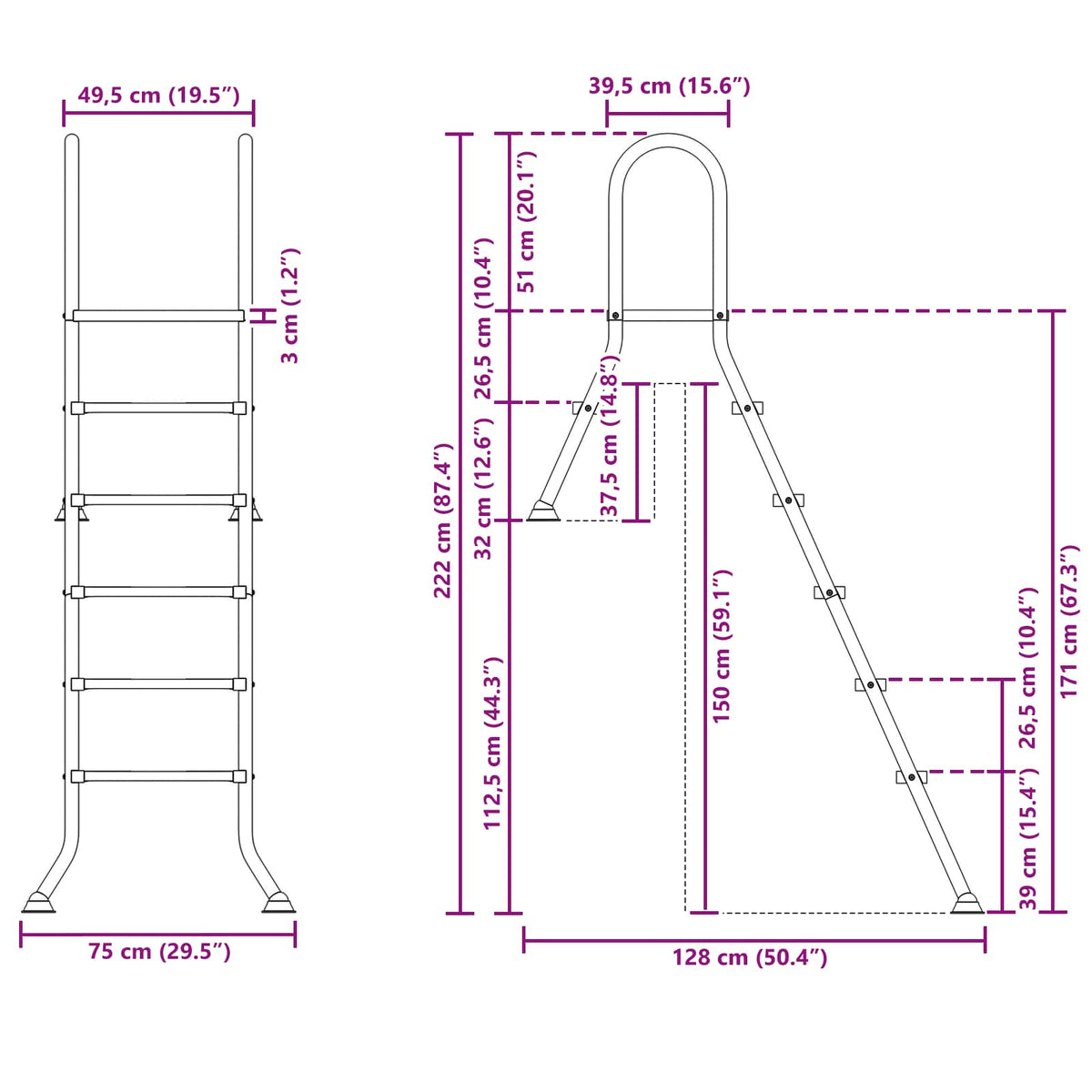 Deels ingegraven zwembadtrap 222 x 128 cm 5-traps