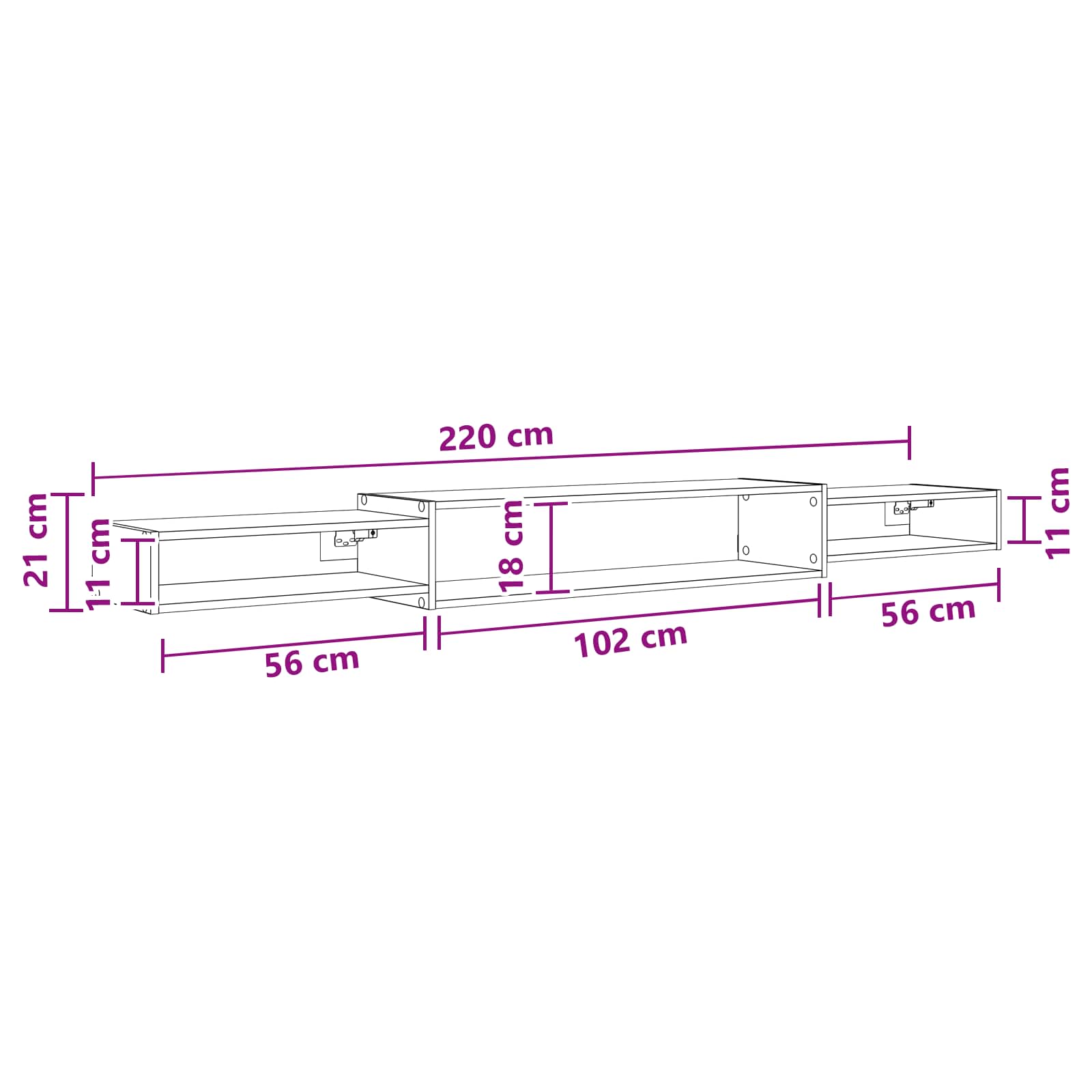 Wandgemonteerd tv-meubel Muurmontage Oud hout 220 x 28 x 21 cm