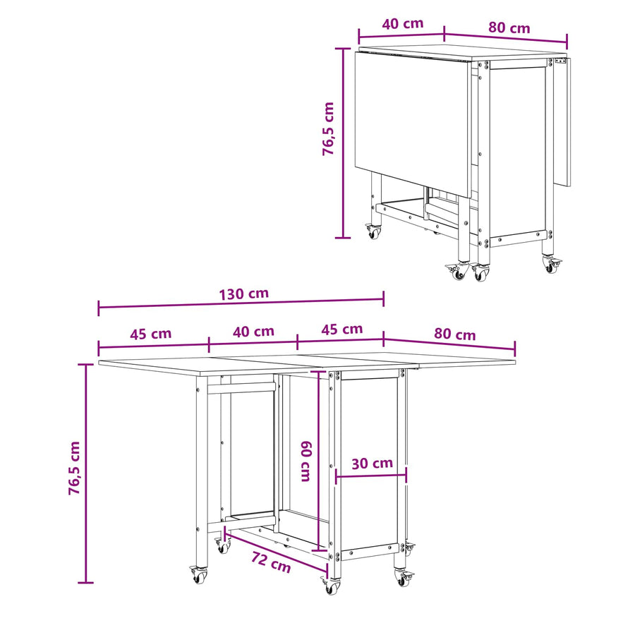 Opvouwbare eettafel met wielen 130 x 80 x 76,5 cm staal PB