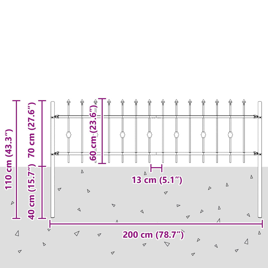 Spike Fence Zwart 200 x 130 cm Gepoedercoat staal