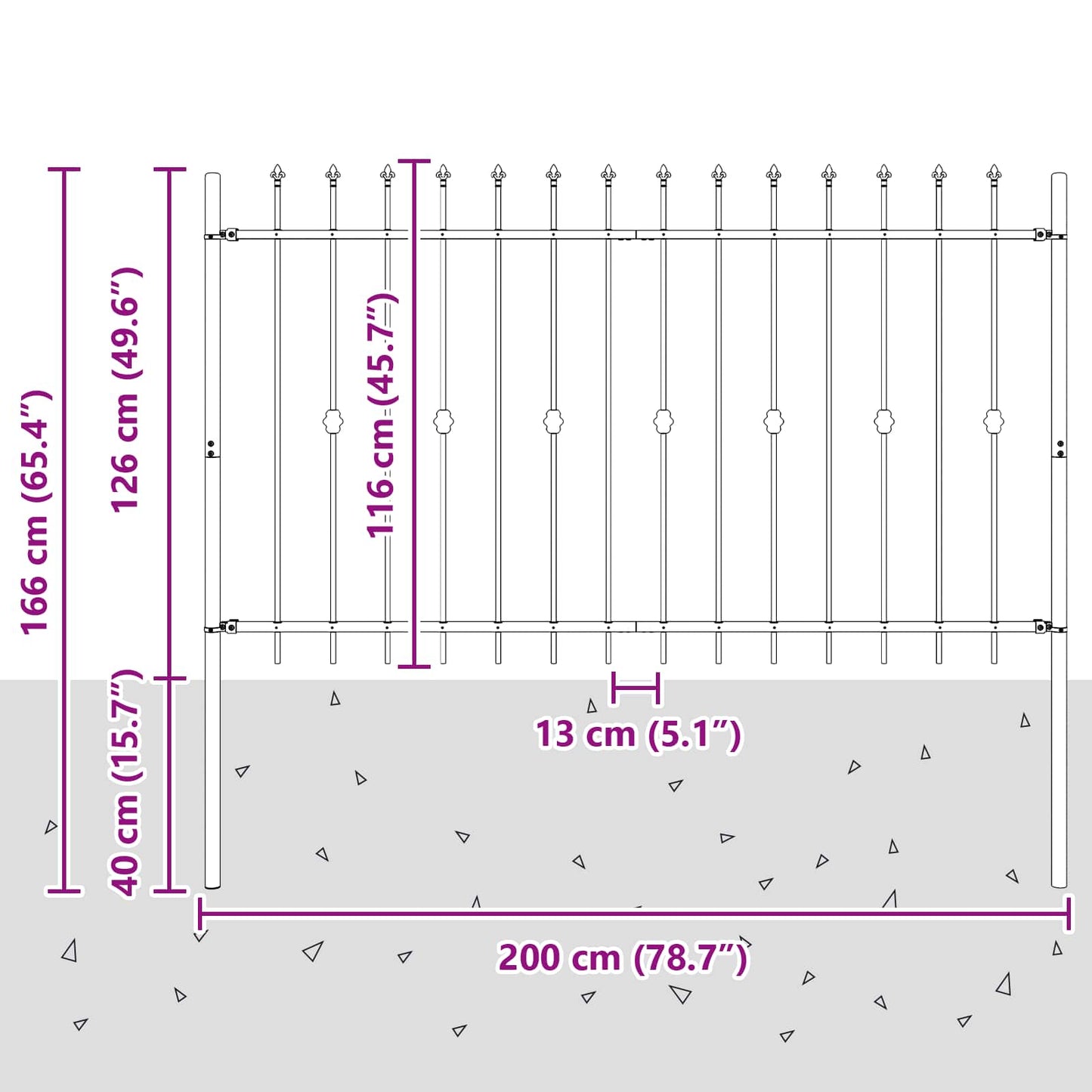 Spike Fence Zwart 200 x 130 cm Gepoedercoat staal