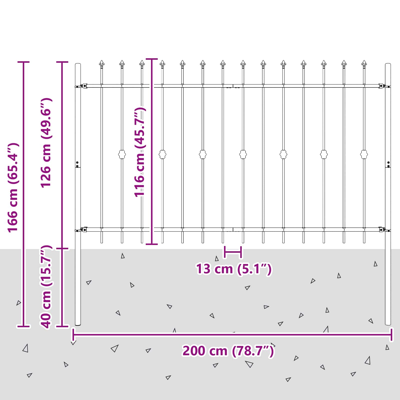 Spike Fence Zwart 200 x 130 cm Gepoedercoat staal
