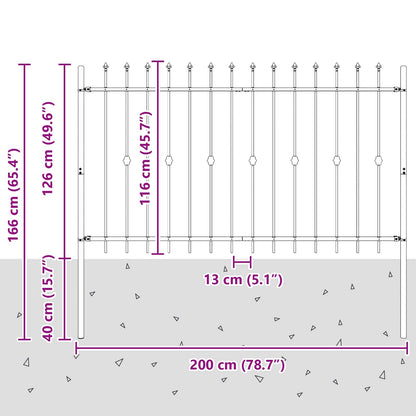 Spike Fence Zwart 200 x 130 cm Gepoedercoat staal