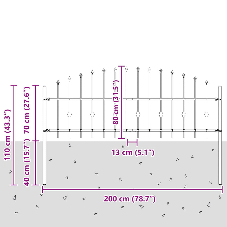 Spike Fence Zwart 200 x 130 cm Gepoedercoat staal