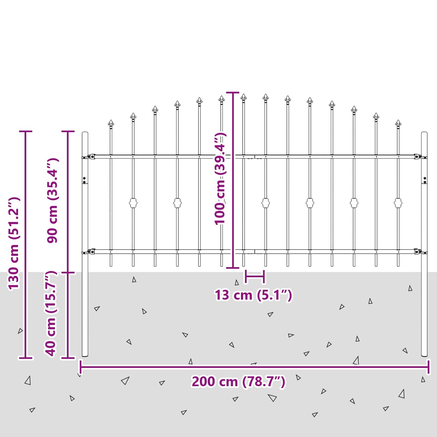 Spike Fence Zwart 200 x 130 cm Gepoedercoat staal