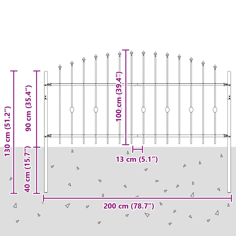 Spike Fence Zwart 200 x 130 cm Gepoedercoat staal