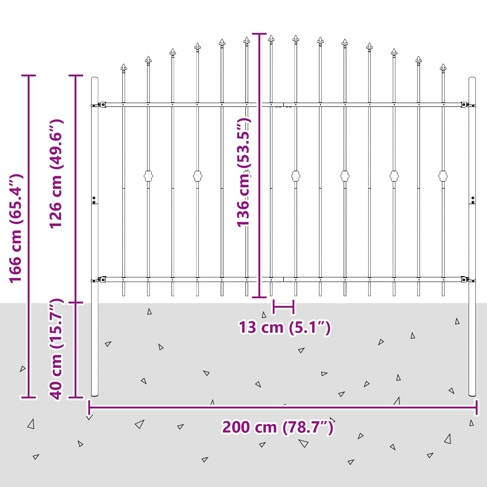 Spike Fence Zwart 200 x 130 cm Gepoedercoat staal
