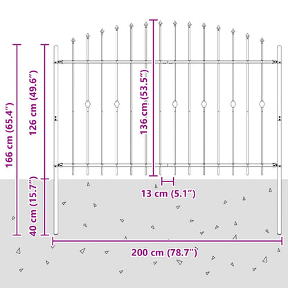 Spike Fence Zwart 200 x 130 cm Gepoedercoat staal