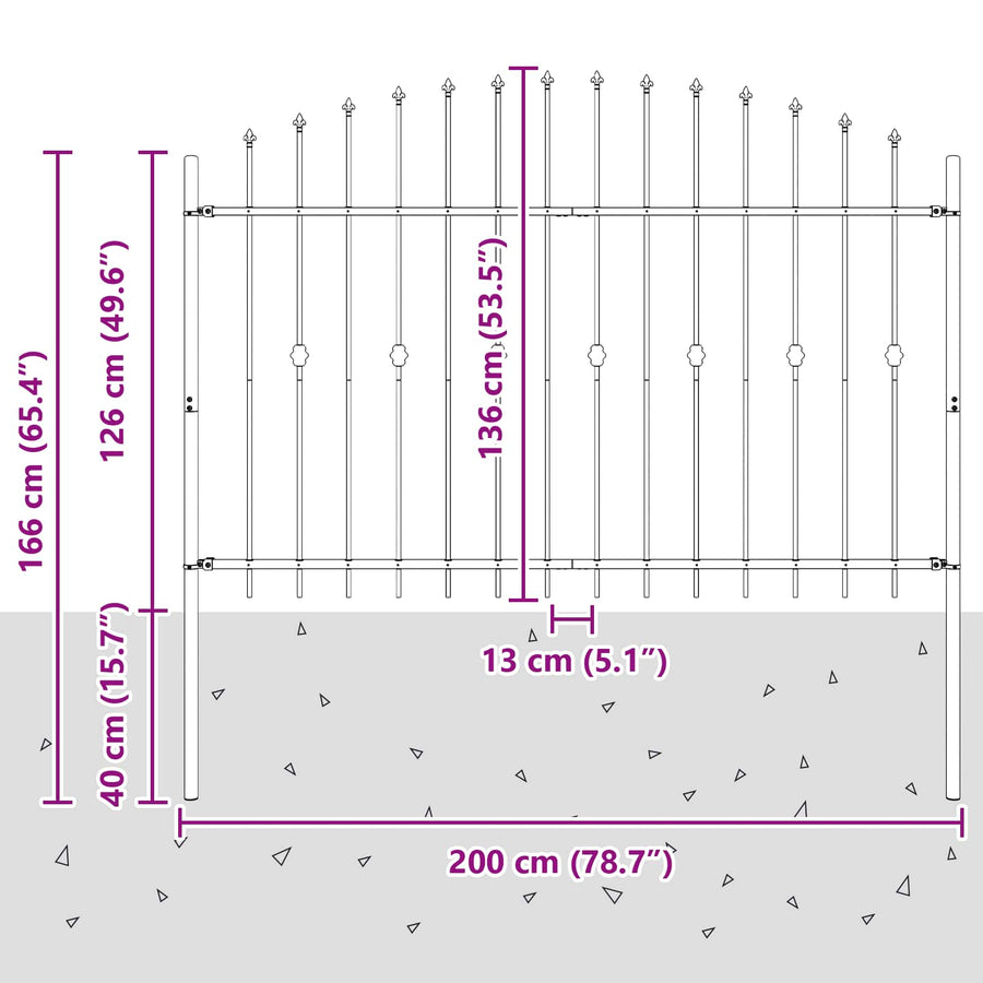 Spike Fence Zwart 200 x 130 cm Gepoedercoat staal
