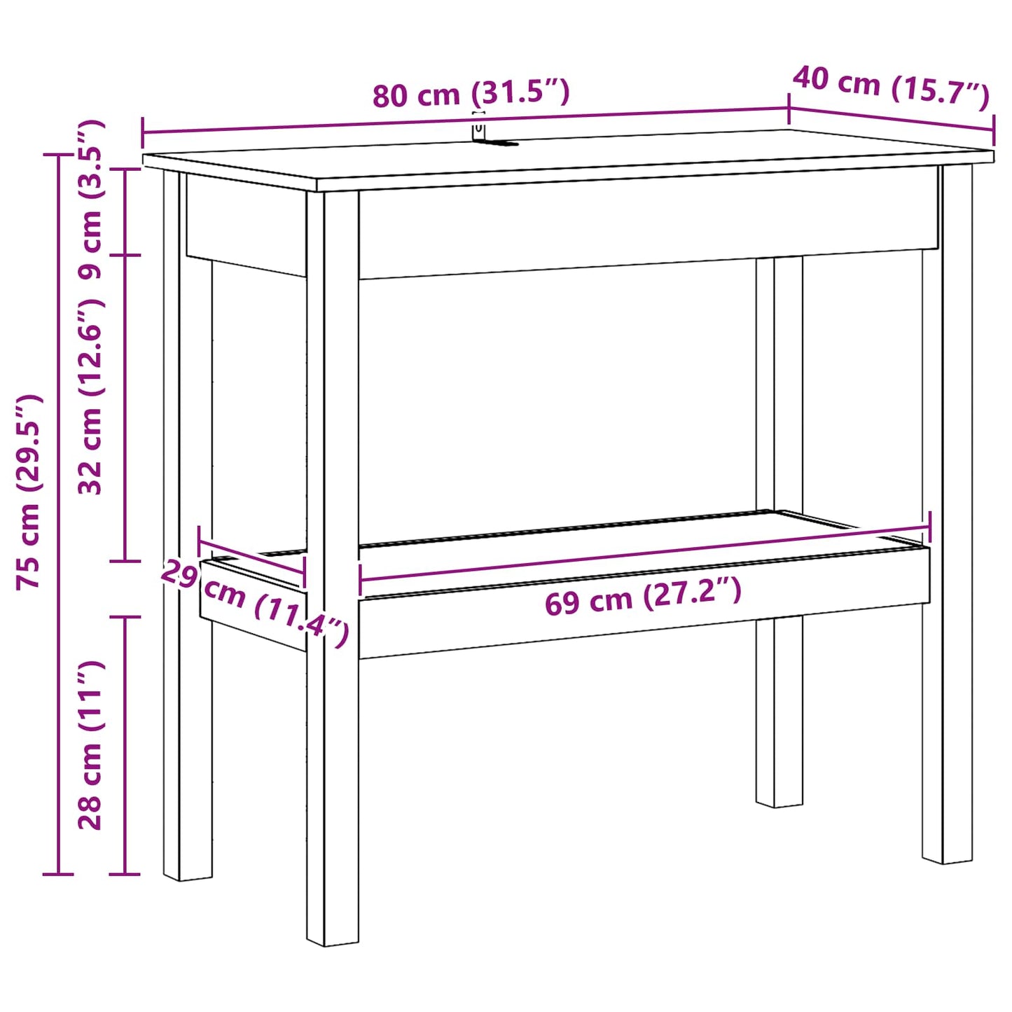 Wandtafel Waskleur Bruin 80 x 40 x 75 cm Massief grenenhout