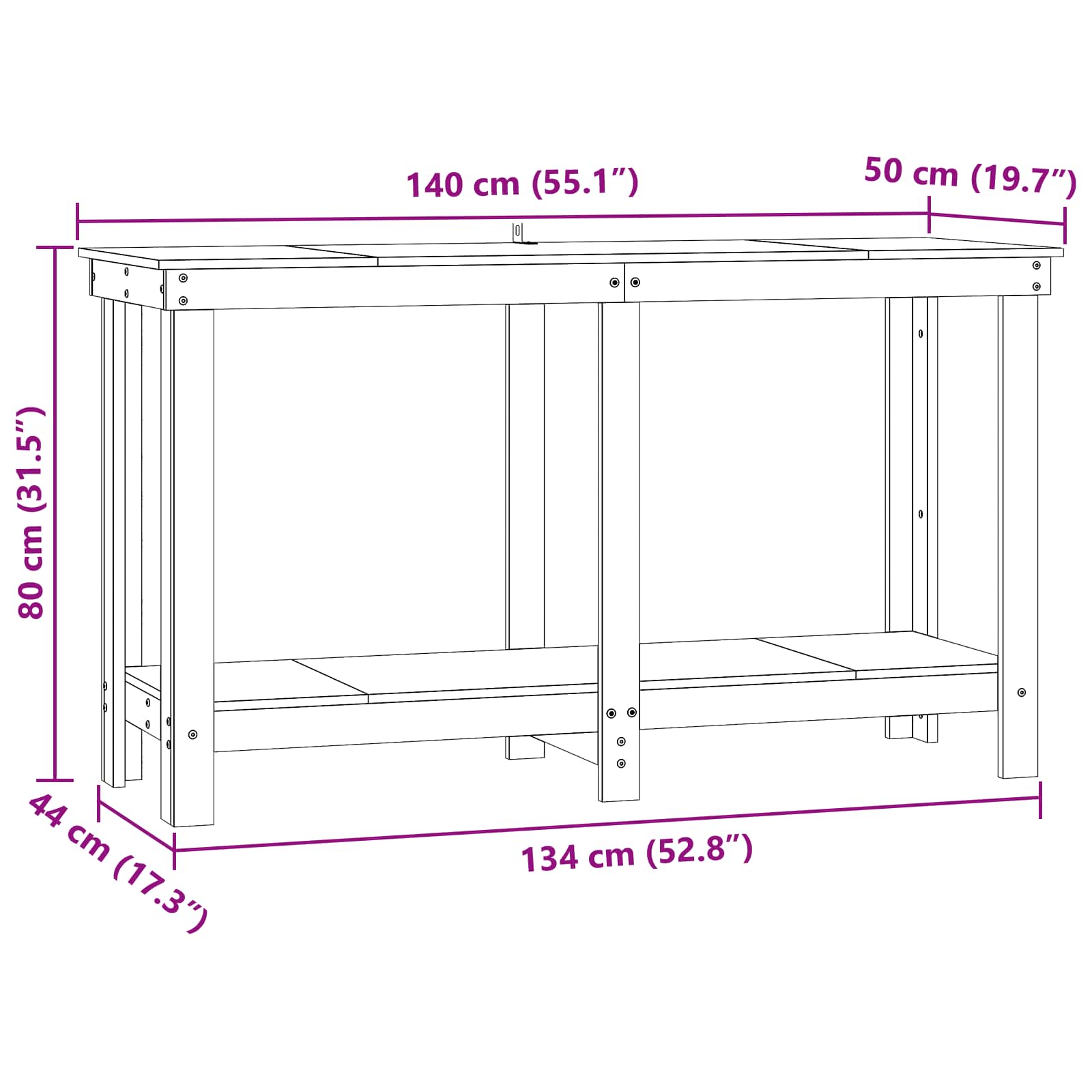Werkbank Waskleur Bruin 140 x 50 x 80 cm Massief grenenhout
