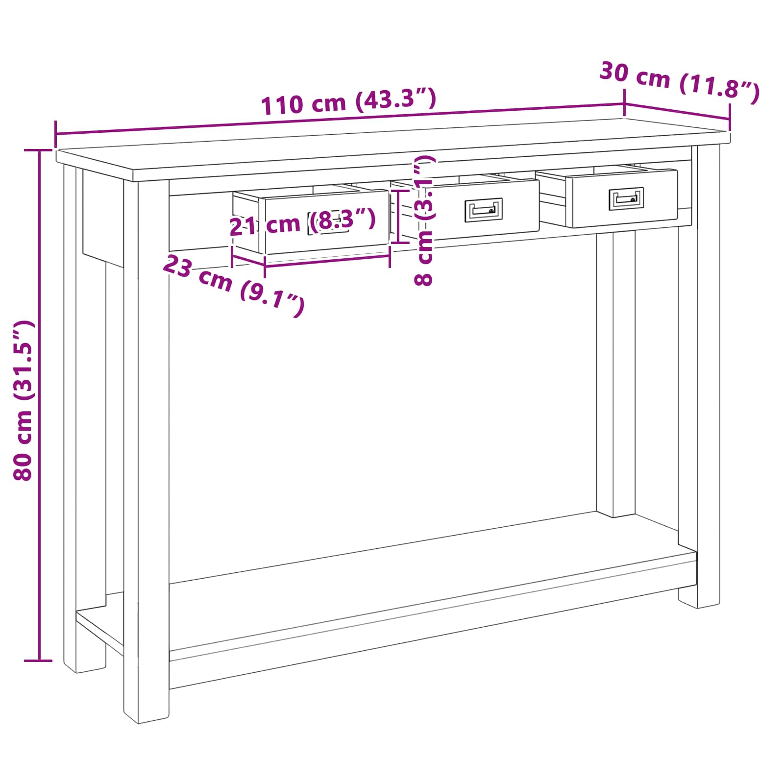 Wandtafel Naturel 110 x 30 x 80 cm Massief Teakhout