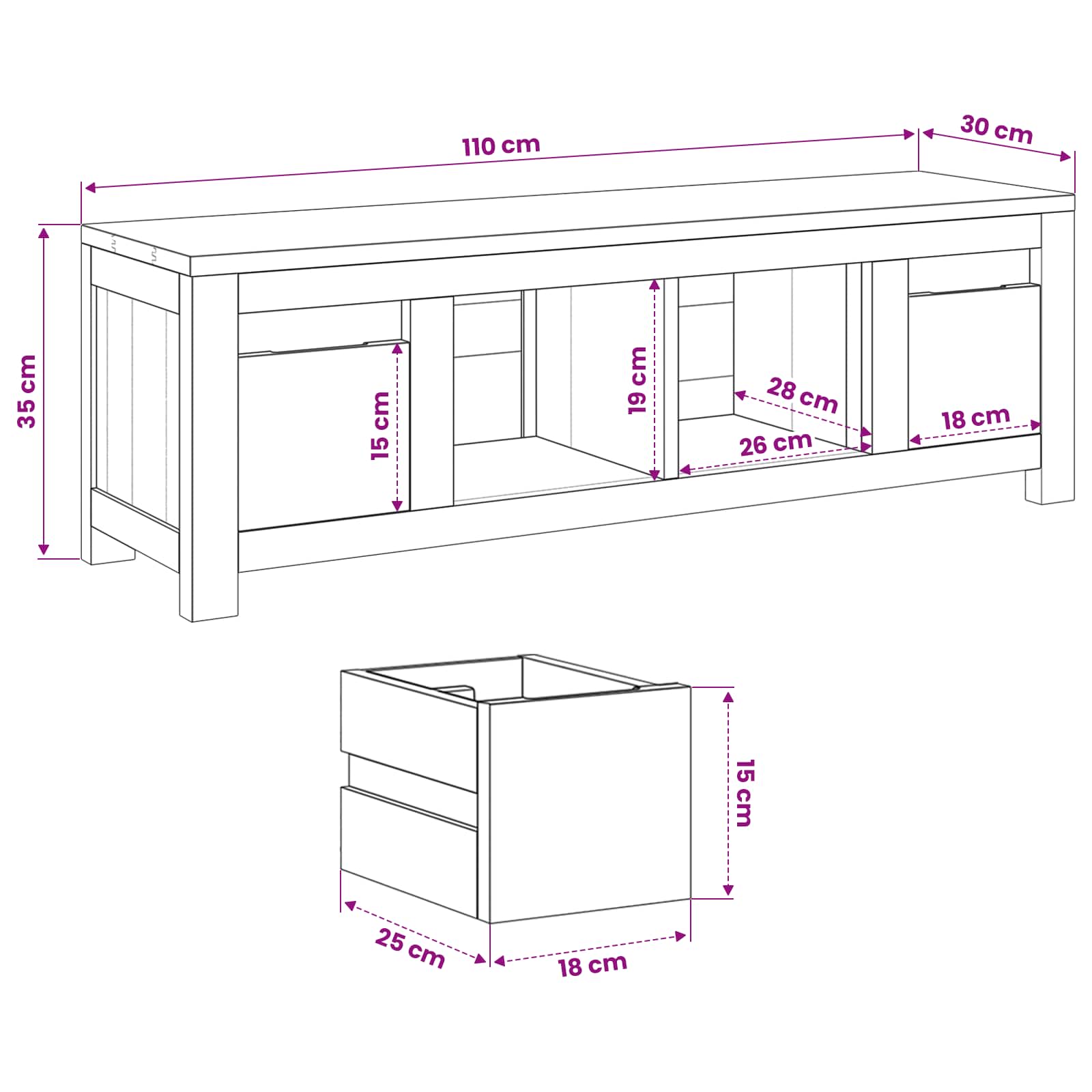 TV-kast 110 x 30 x 35 cm Naturel Massief Teakhout