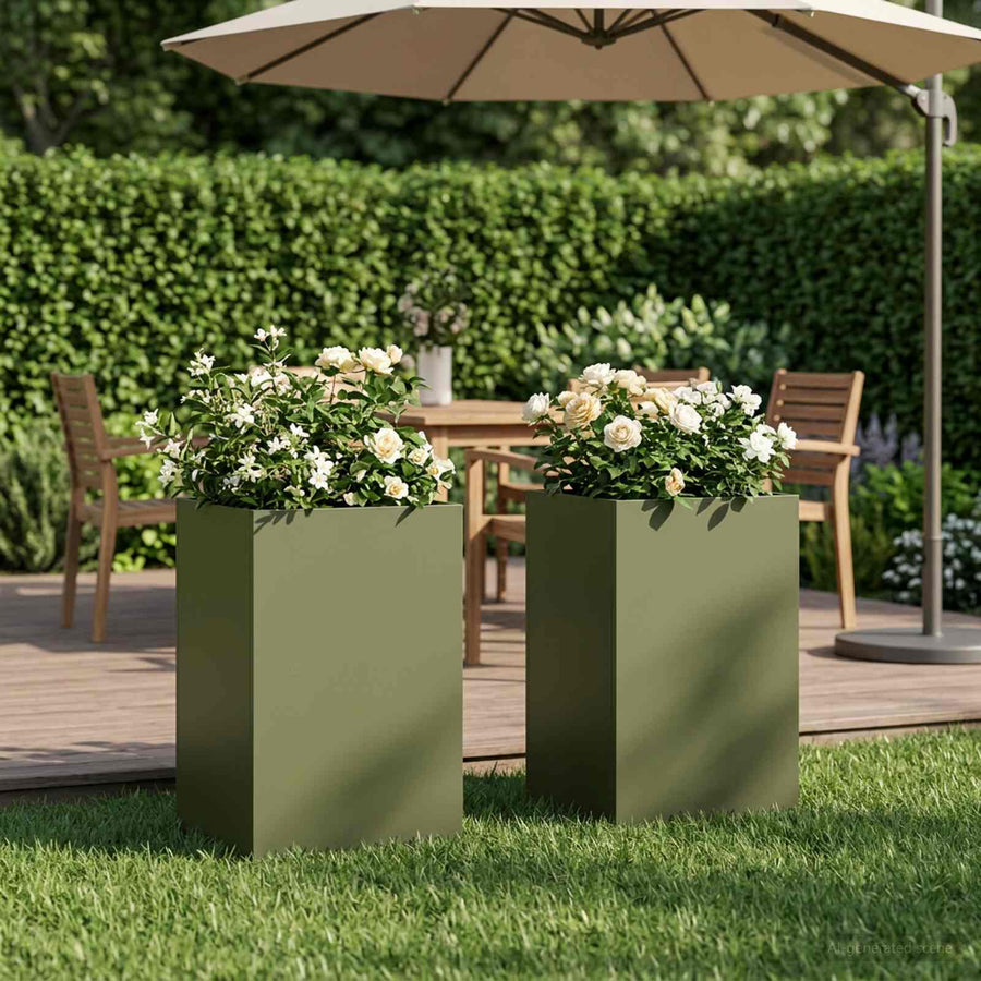Plantenbak 2 st Olijfgroen 30 x 30 x 50 cm Koudgewalst staal