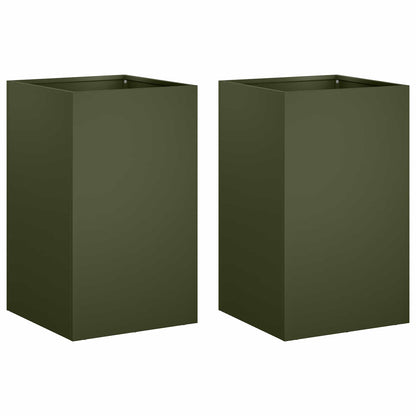 Plantenbak 2 st Olijfgroen 30 x 30 x 50 cm Koudgewalst staal