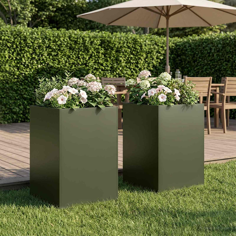 Plantenbak 2 st Olijfgroen 40 x 40 x 75 cm Koudgewalst staal
