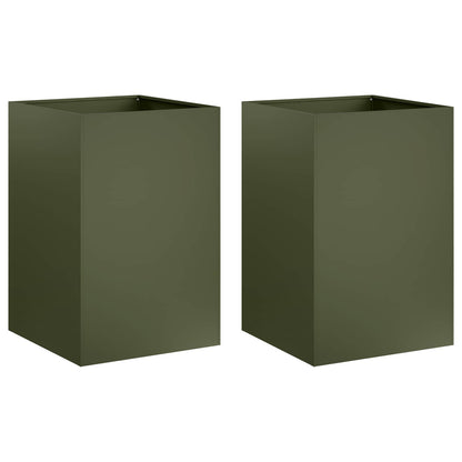 Plantenbak 2 st Olijfgroen 40 x 40 x 75 cm Koudgewalst staal
