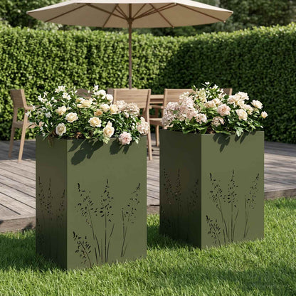 Plantenbak 2 st Olijfgroen 50 x 50 x 75 cm Koudgewalst staal