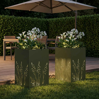 Plantenbak 2 st Olijfgroen 50 x 50 x 75 cm Koudgewalst staal