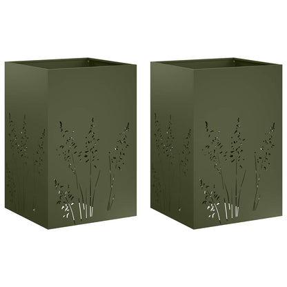 Plantenbak 2 st Olijfgroen 50 x 50 x 75 cm Koudgewalst staal
