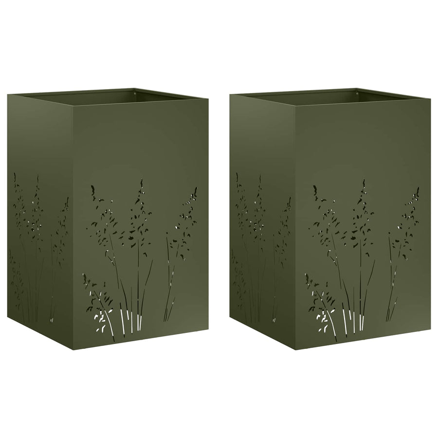 Plantenbak 2 st Olijfgroen 50 x 50 x 75 cm Koudgewalst staal