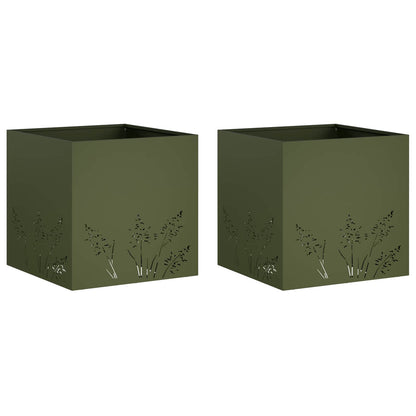 Plantenbak 2 st Olijfgroen 50 x 50 x 49 cm Koudgewalst staal