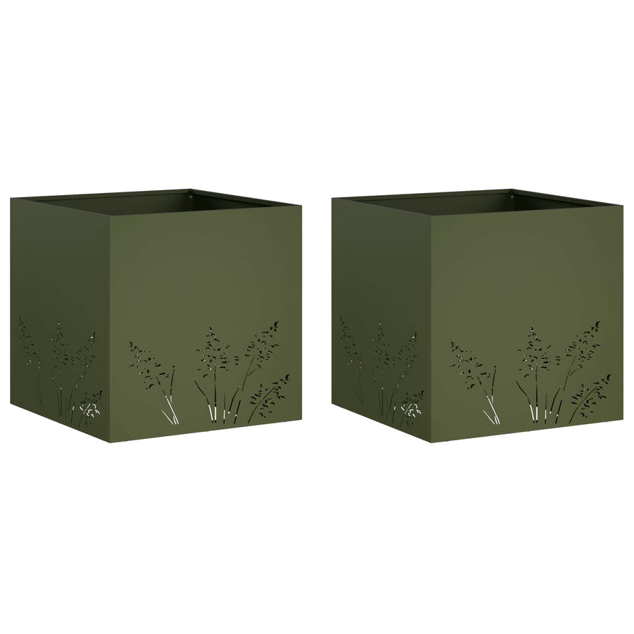 Plantenbak 2 st Olijfgroen 50 x 50 x 49 cm Koudgewalst staal