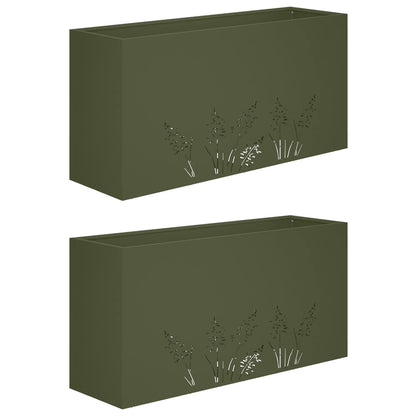 Plantenbak 2 st Olijfgroen 100 x 30 x 49 cm Koudgewalst staal