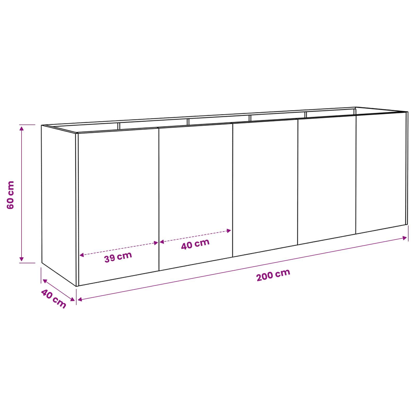 Plantenbak zilver 200 x 40 x 60 cm Roestvrij staal