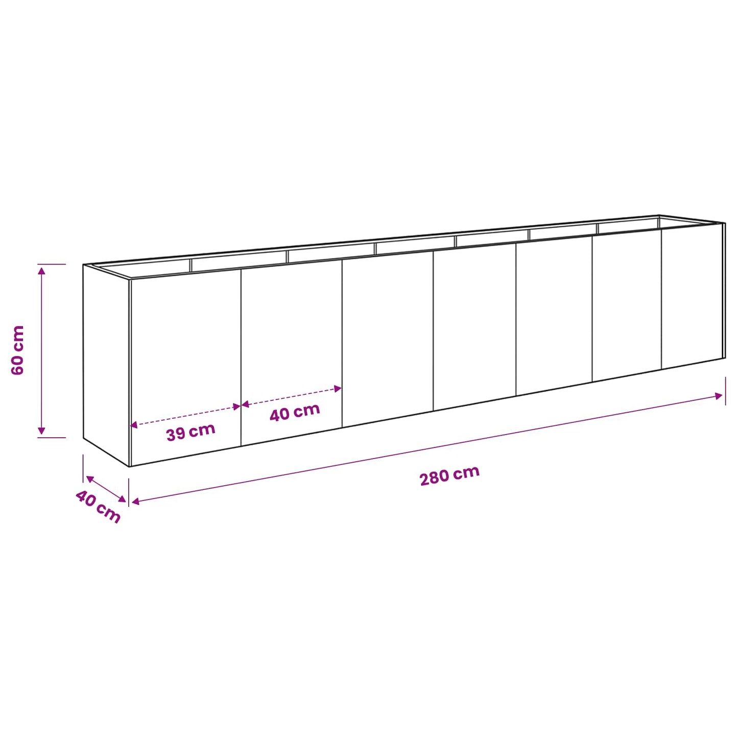 Plantenbak zilver 280 x 40 x 60 cm Roestvrij staal