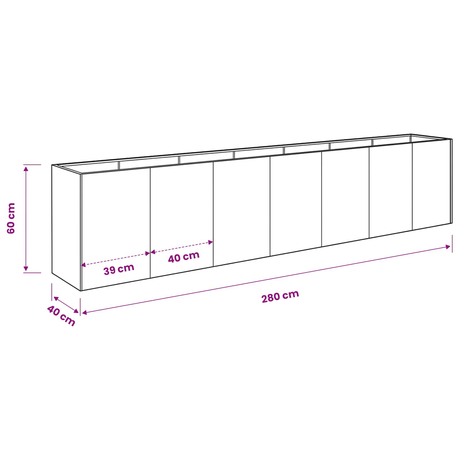 Plantenbak zilver 280 x 40 x 60 cm Roestvrij staal