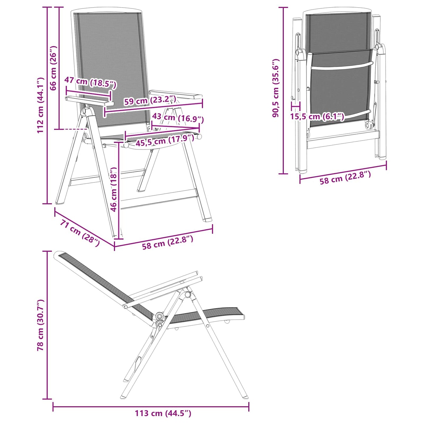 Recliner Tuinstoelen 2 pcs Zwart 58 x 71 x 112 cm Textileen