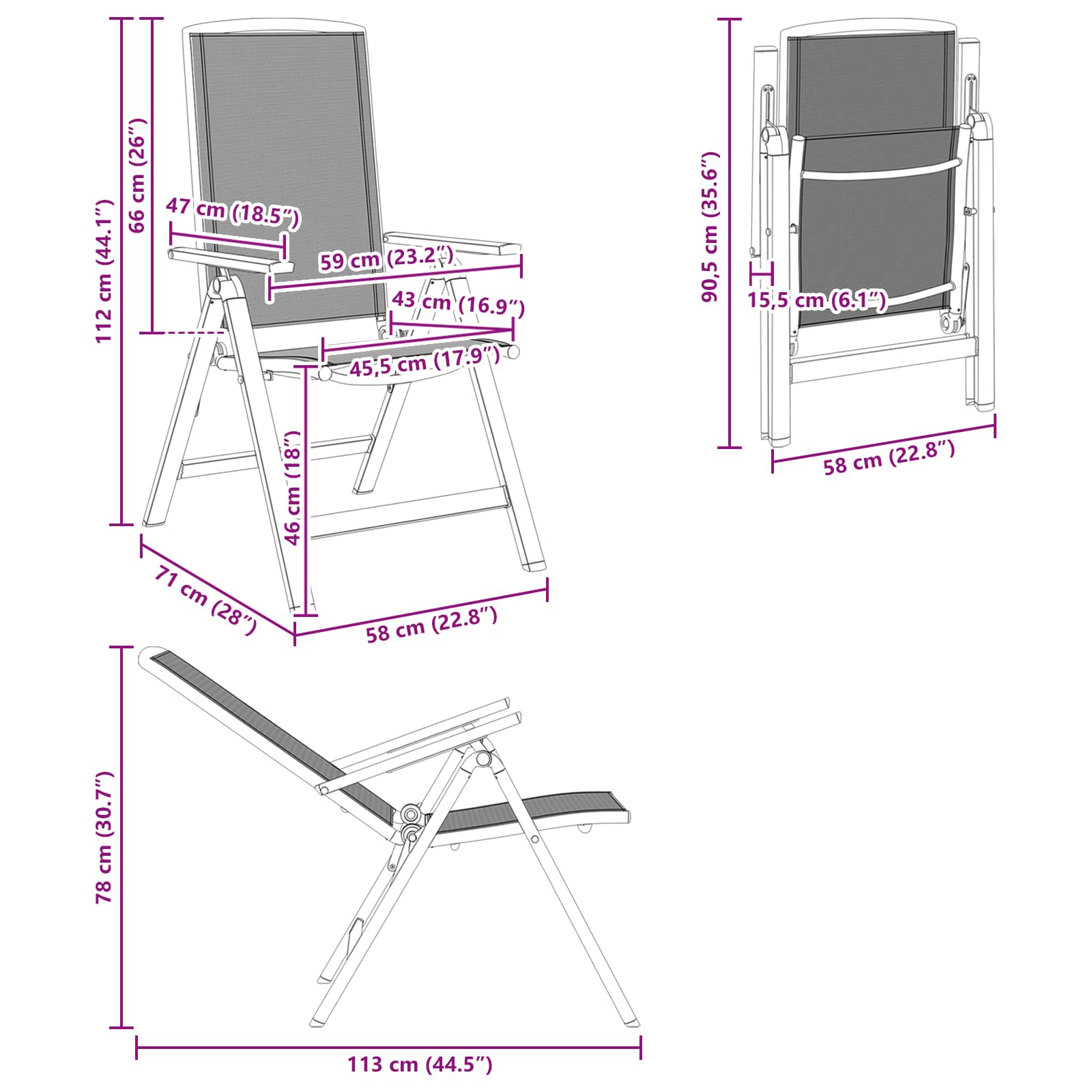 Recliner Tuinstoelen 2 pcs Zwart 58 x 71 x 112 cm Textileen
