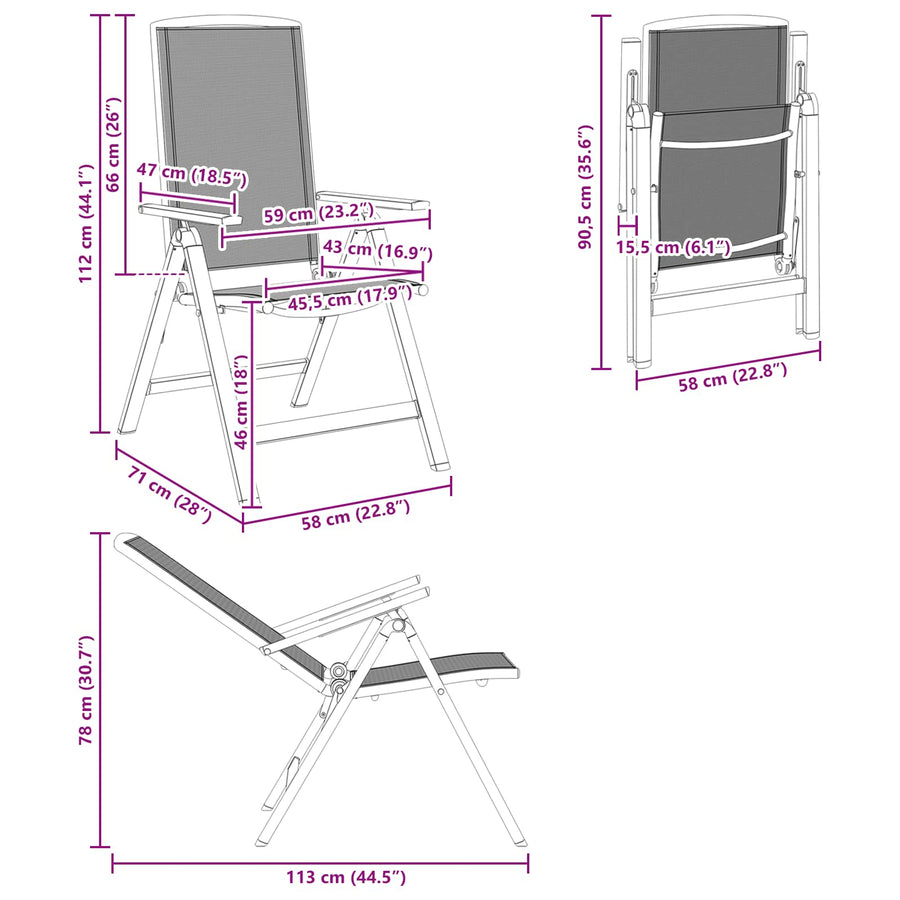 Recliner Tuinstoelen 2 pcs Zwart 58 x 71 x 112 cm Textileen