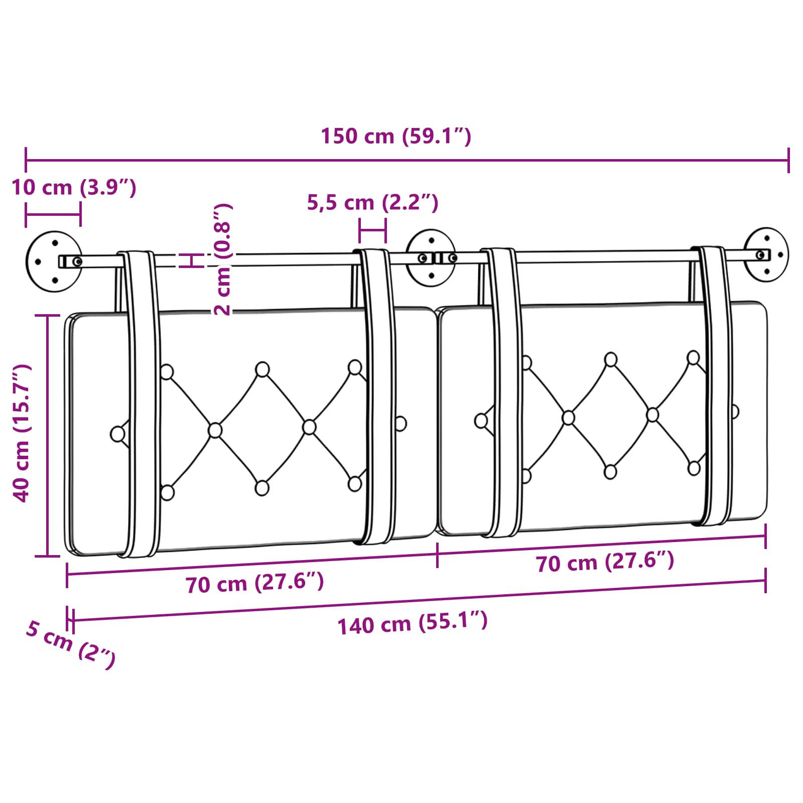 Hangend Hoofdeinde Crème 150 x 55 x 5 cm Nep Leer