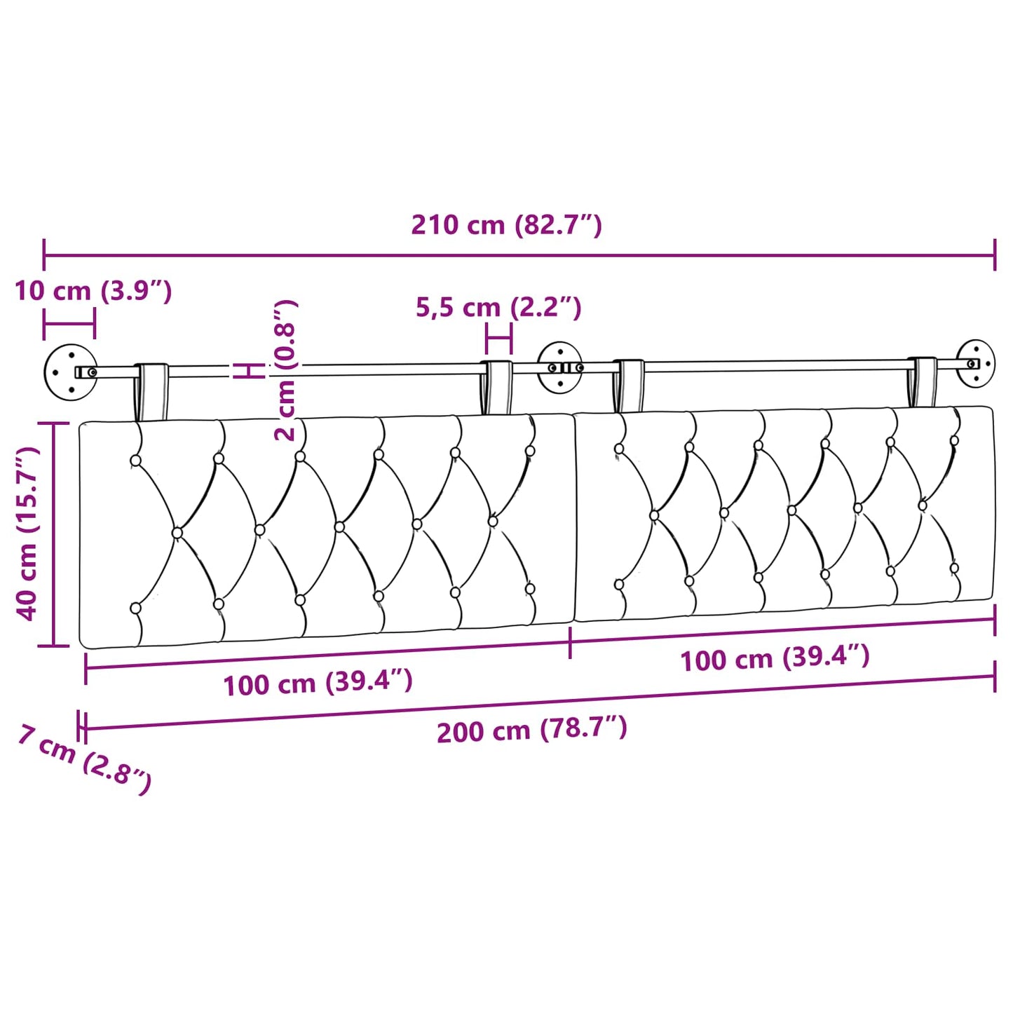 Hangend Hoofdeinde Lichtgrijs 210 x 55 x 7 cm Stof