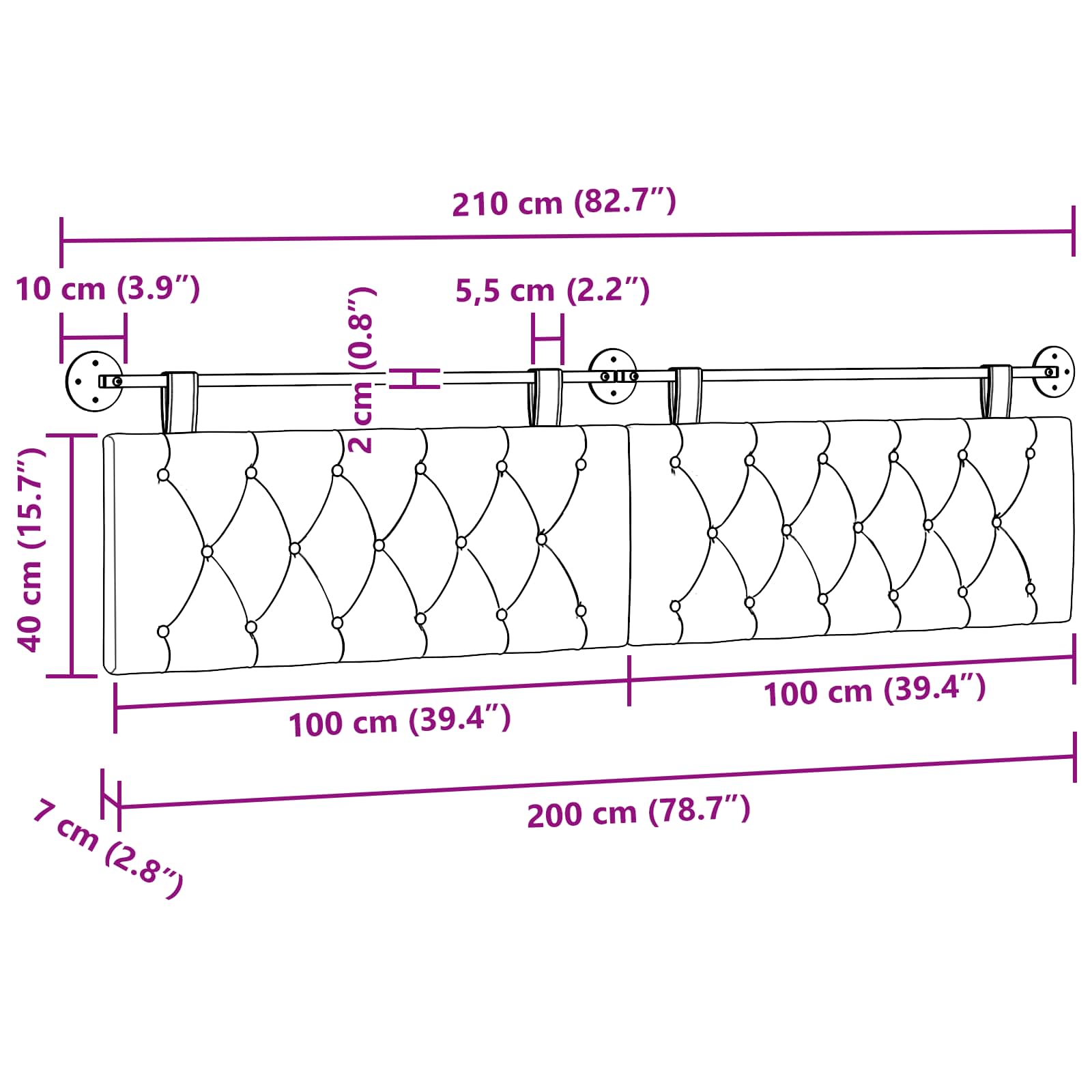 Hangend Hoofdeinde Lichtgrijs 210 x 55 x 7 cm Fluweel