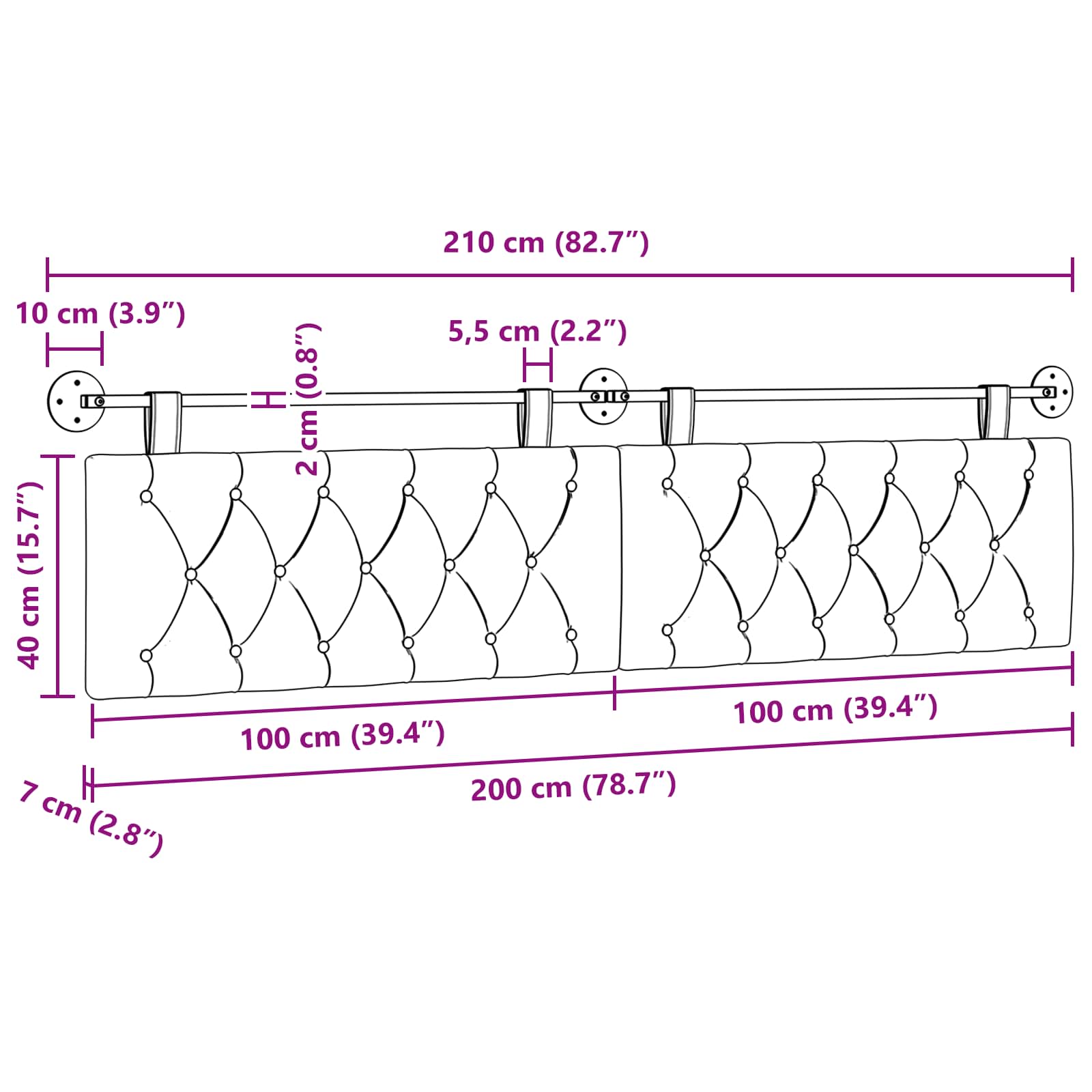 Hangend Hoofdeinde Wandgemonteerd Paars 210 x 55 x 7 cm Fluweel