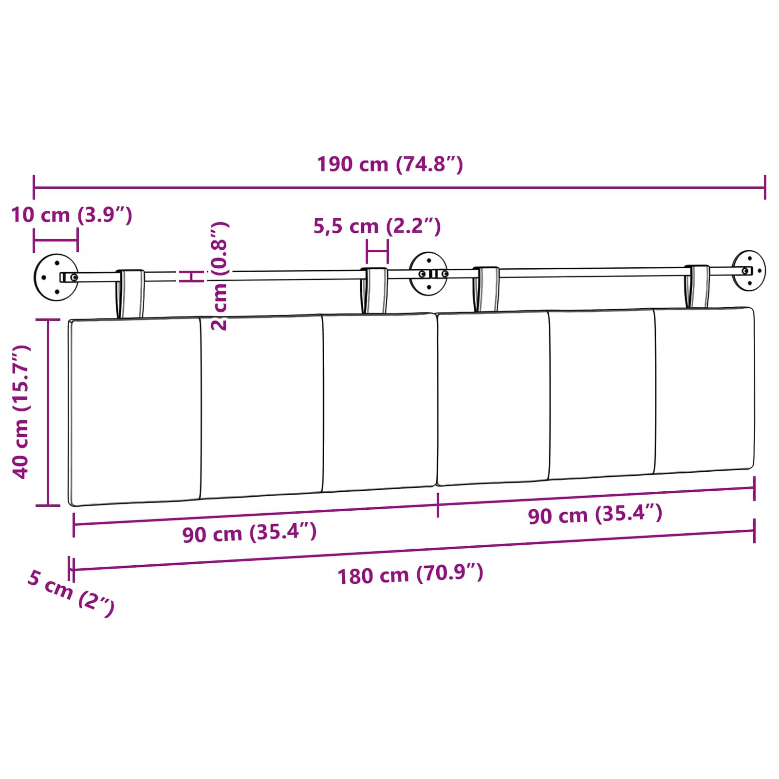 Hangend Hoofdeinde Wandgemonteerd Roze 190 x 55 x 5 cm Stof