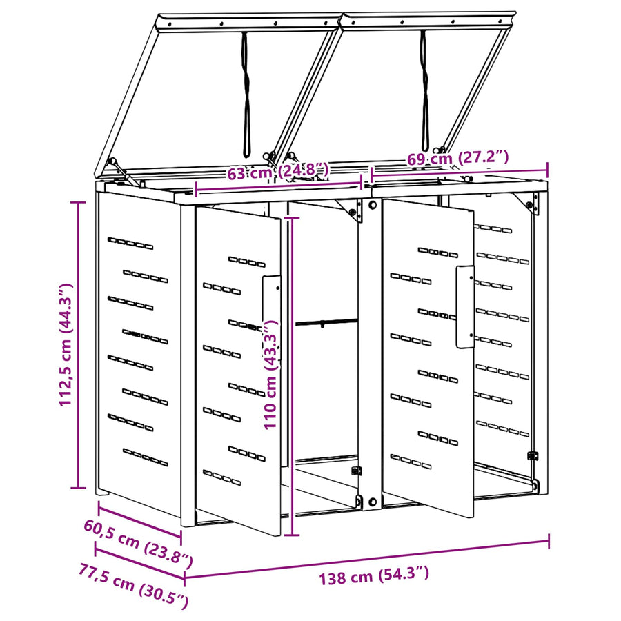 Afvalbak opslag Zwart 138 x 77,5 x 112,5 cm Roestvrij staal