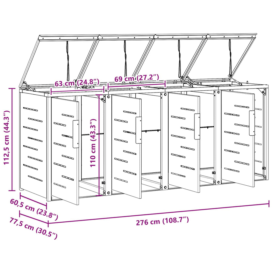 Afvalbak opslag Zwart 276 x 77,5 x 112,5 cm Roestvrij staal