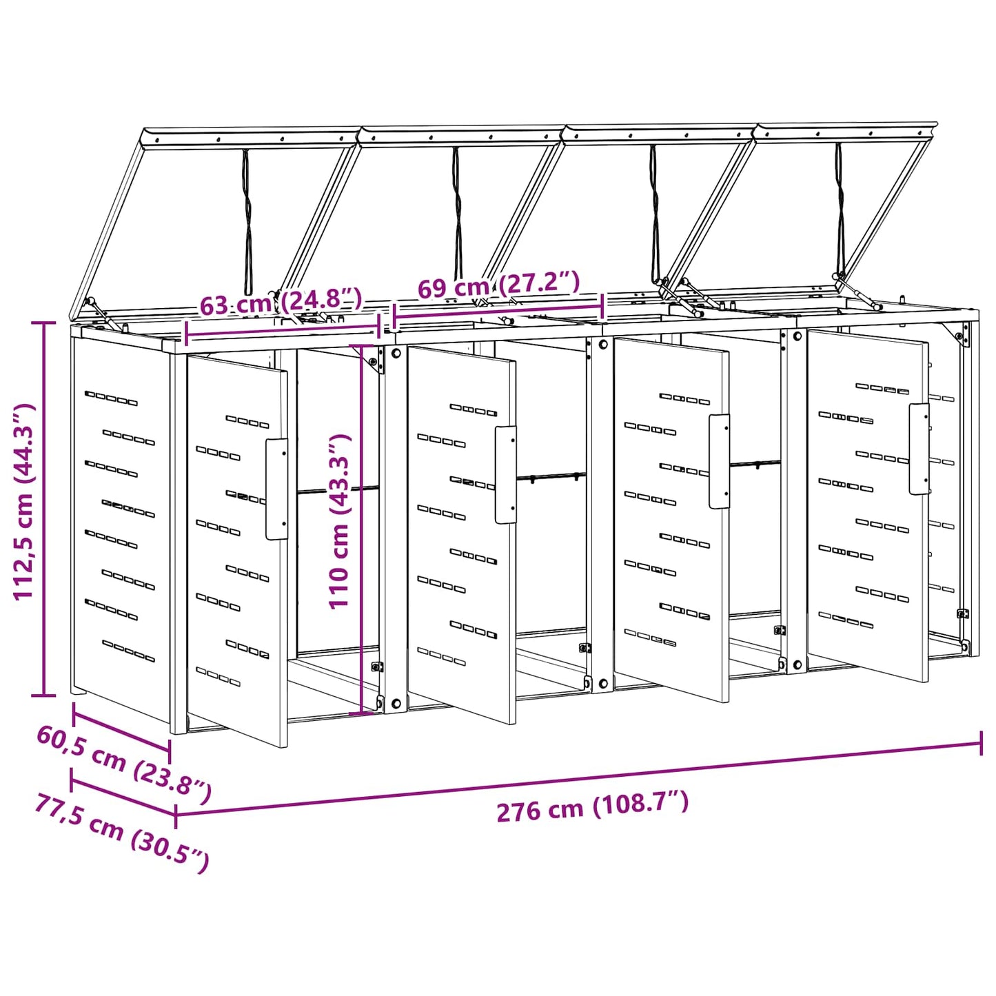 Afvalbak opslag Grijs 276 x 77,5 x 112,5 cm Roestvrij staal