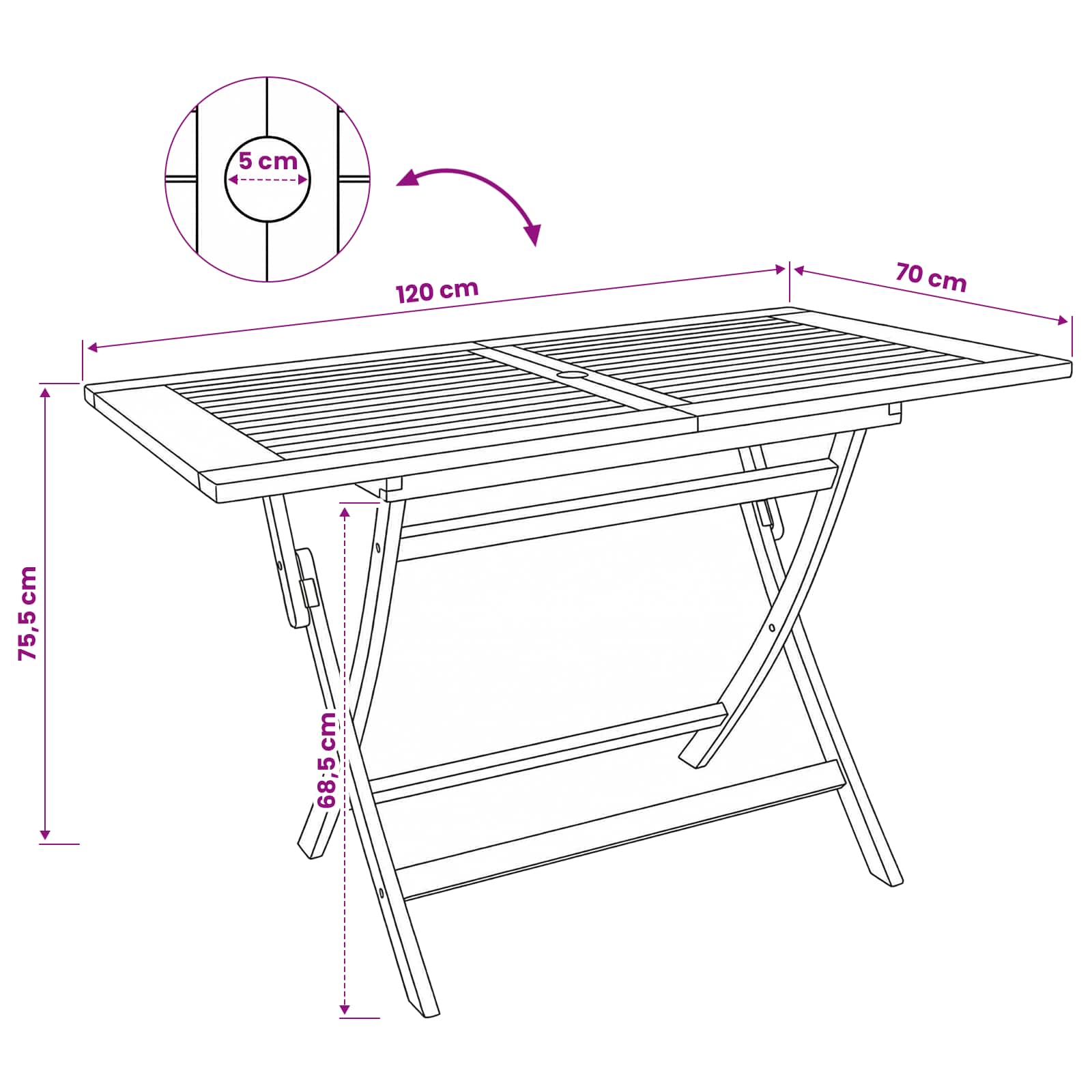 Vouw Tuin Tafel Naturel 120 x 70 x 75,5 cm Massief Teakhout
