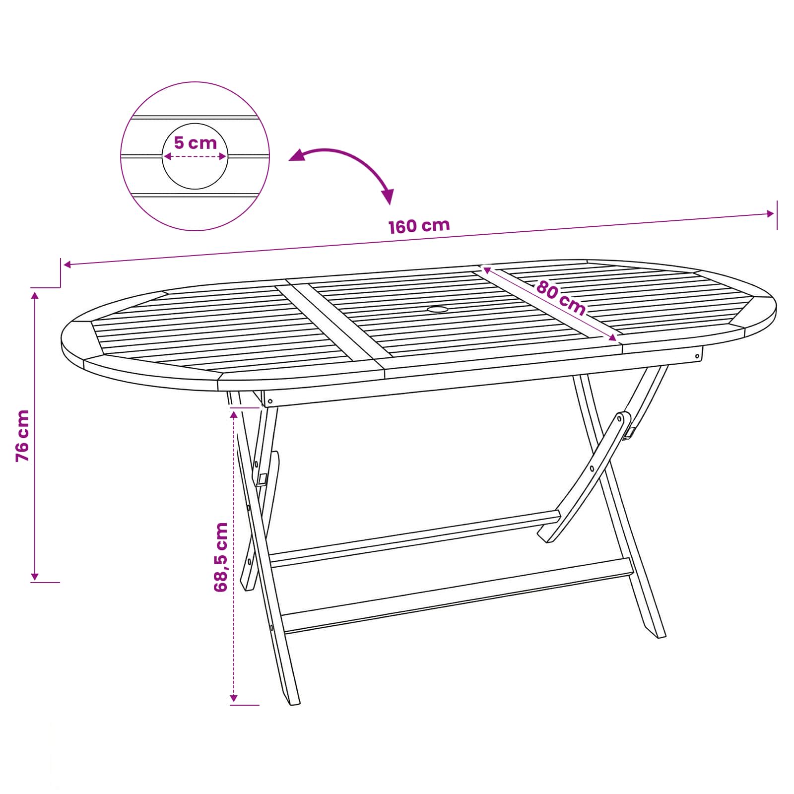 Inklapbare Tuintafel Naturel 160 x 80 x 76 cm Massief Teakhout