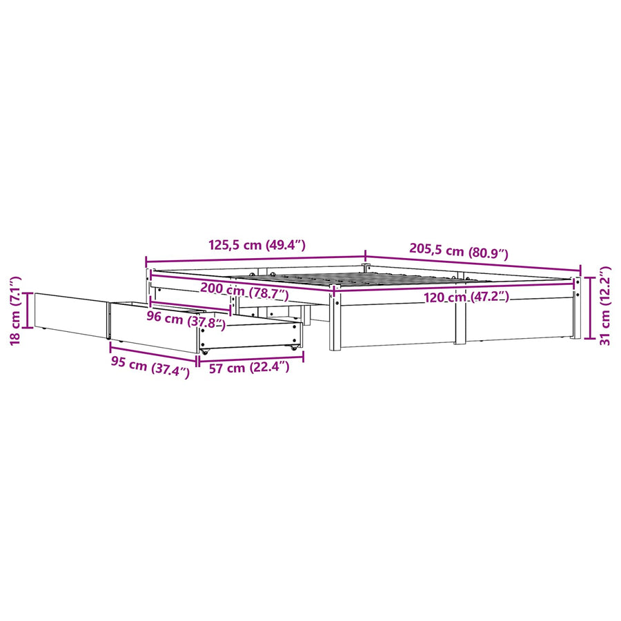 Bedframe met lade Wasbruin 120 x 200 cm Massief Vurenhout
